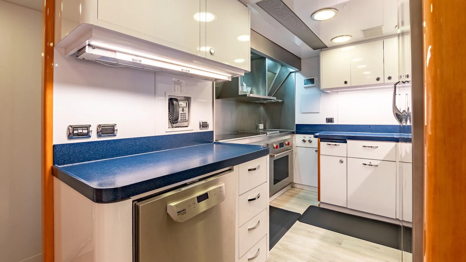 The yacht's galley is equipped with modern appliances and ample counter space, designed for gourmet meal preparation. aboard MYSTIQUE Yacht for Sale