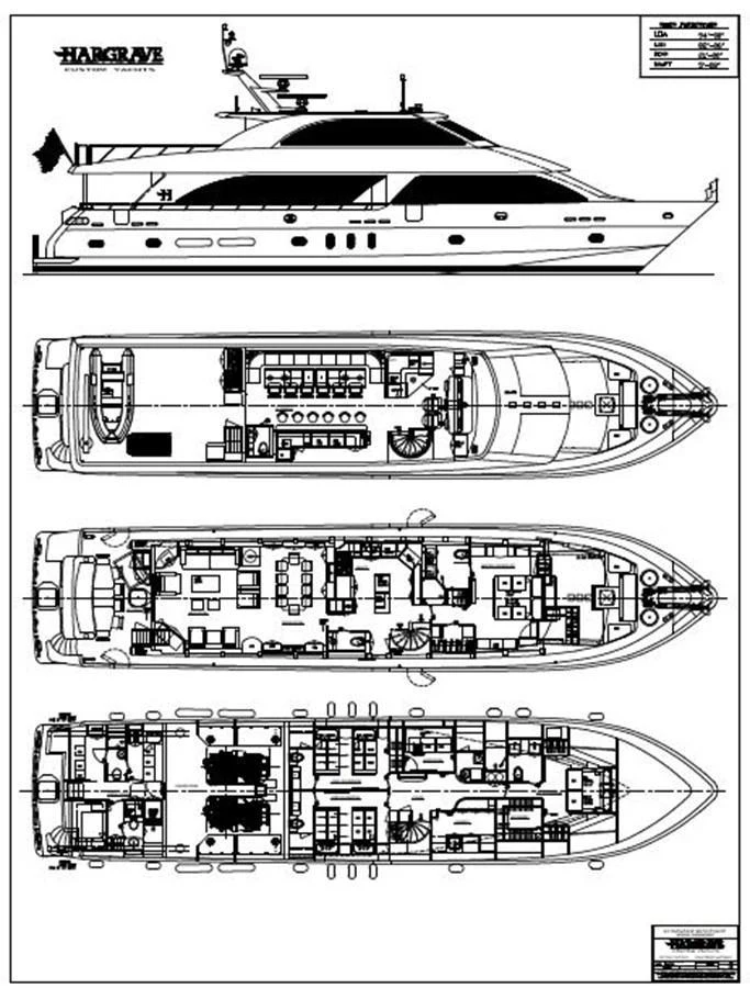 This image showcases the detailed blueprints of a luxury yacht, highlighting its various decks and layout. aboard LUCKY PENNY Yacht for Sale