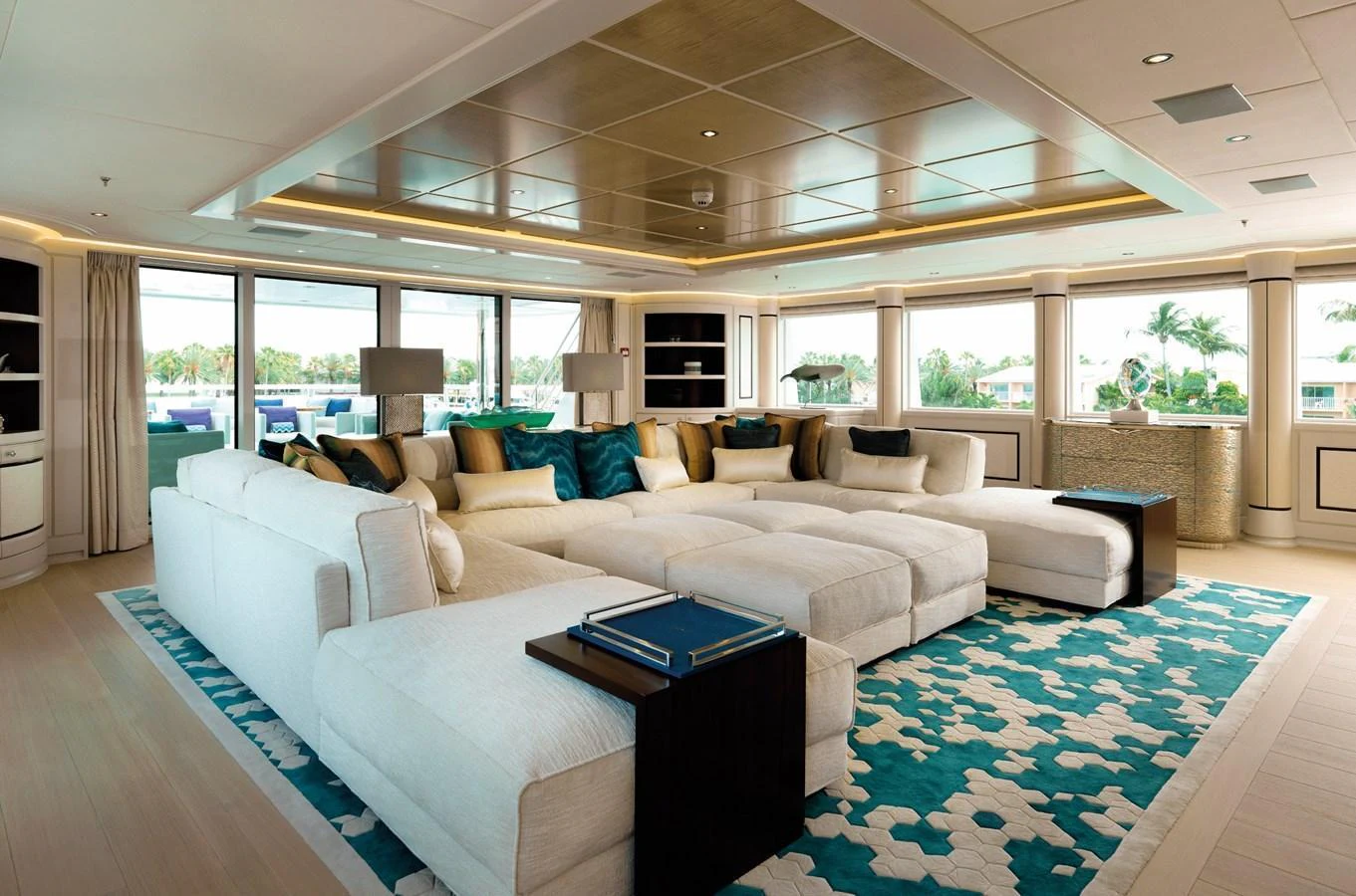 The spacious salon features a luxurious seating area with plush sofas and elegant decor. aboard JUST J'S Yacht for Sale