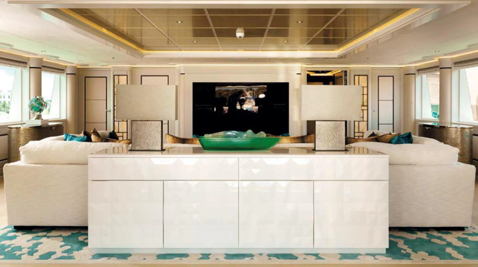 The yacht's salon features elegant furnishings and a spacious layout, perfect for relaxation and socializing. aboard JUST J'S Yacht for Sale