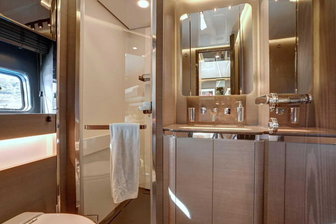 The yacht's bathroom features modern fixtures and a sleek design. aboard APRICITY Yacht for Sale