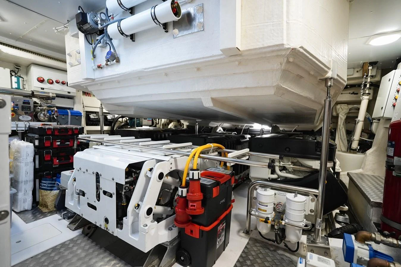 The image showcases the yacht's well-organized engine room with advanced machinery and equipment. aboard APRICITY Yacht for Sale