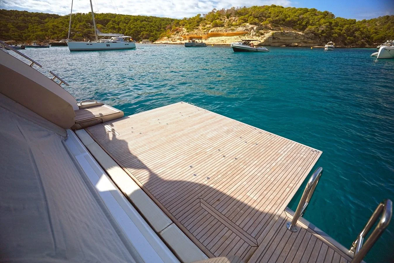 The yacht features a spacious swim platform, perfect for easy access to the water. aboard APRICITY Yacht for Sale