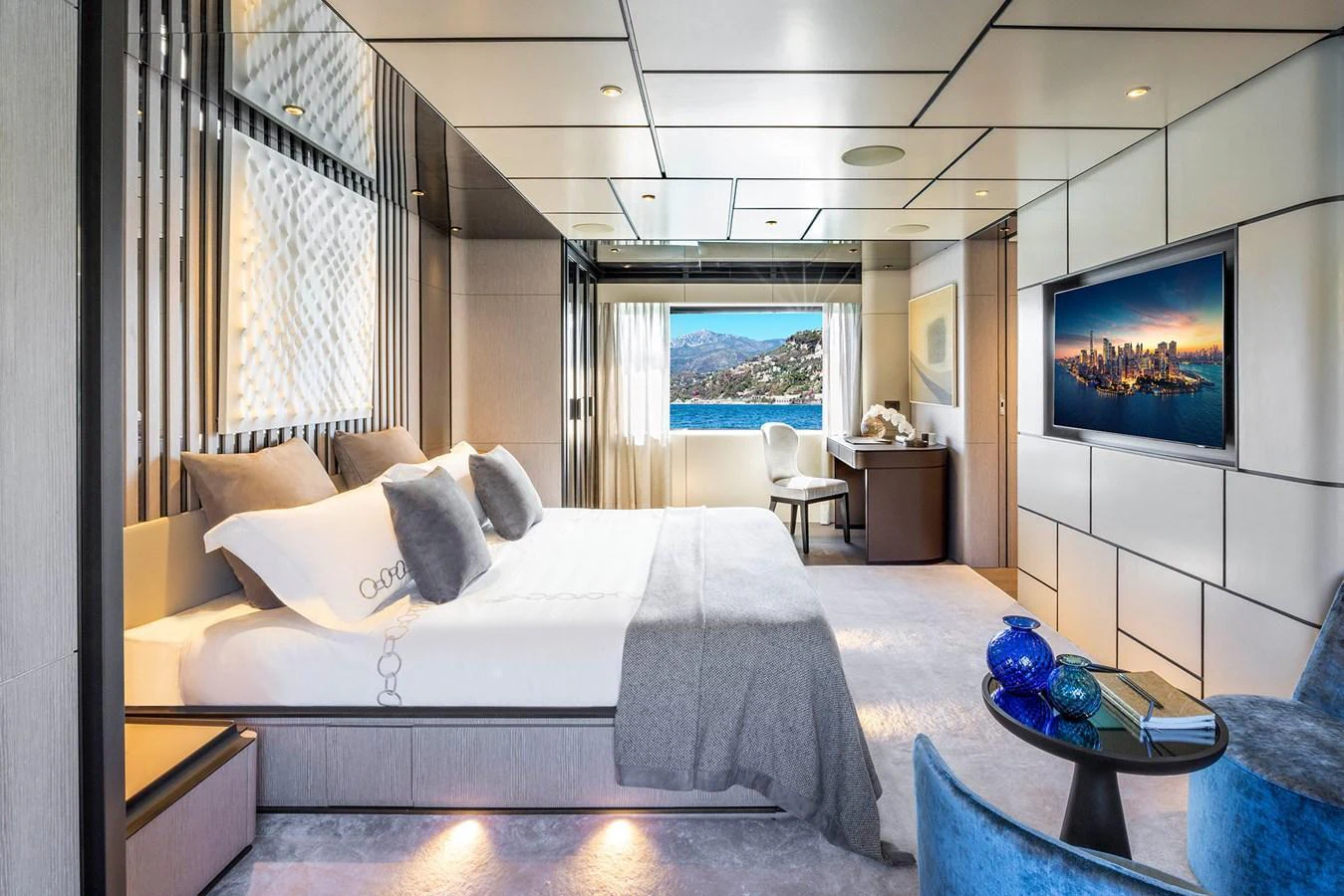 The master stateroom offers a luxurious and spacious retreat with a stunning view. aboard MIOTU Yacht for Sale
