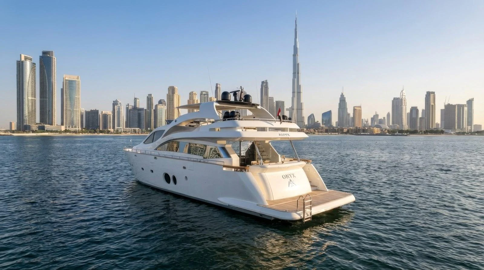 A luxurious yacht cruises against the stunning backdrop of a modern city skyline. aboard TAYGET Yacht for Sale
