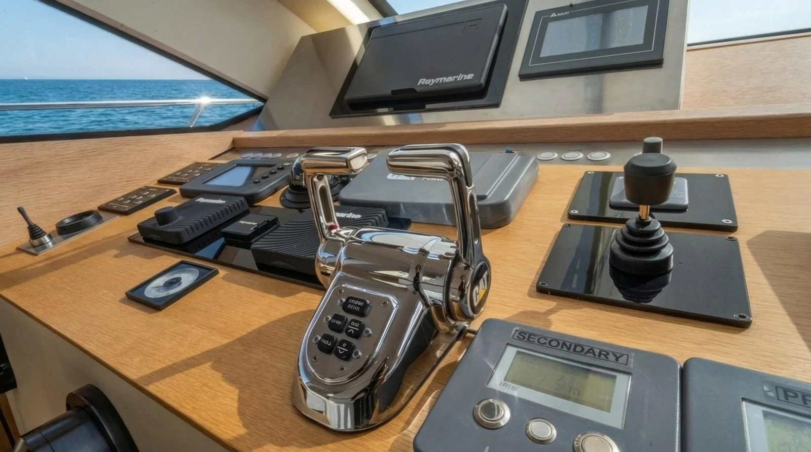 The helm station features modern navigation equipment and controls, providing a sophisticated command center for the yacht. aboard TAYGET Yacht for Sale