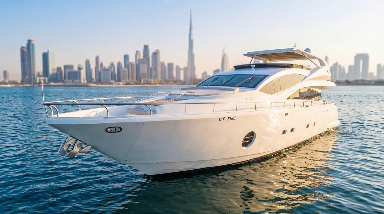 A sleek, modern yacht glides through calm waters with a city skyline in the background. aboard TAYGET Yacht for Sale