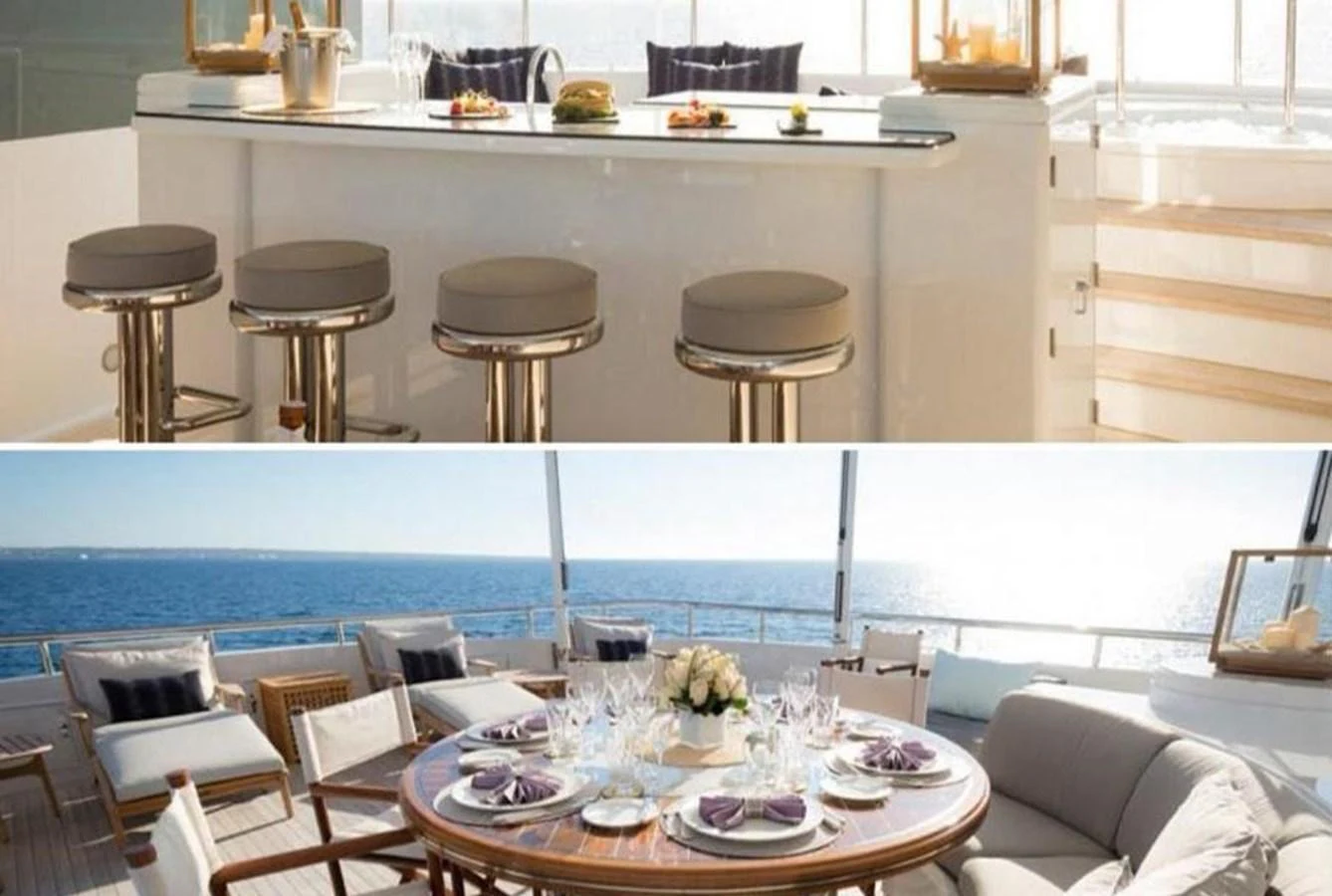 The yacht features a stylish bar and an elegant dining area with ocean views. aboard PRINCESS TOO Yacht for Sale