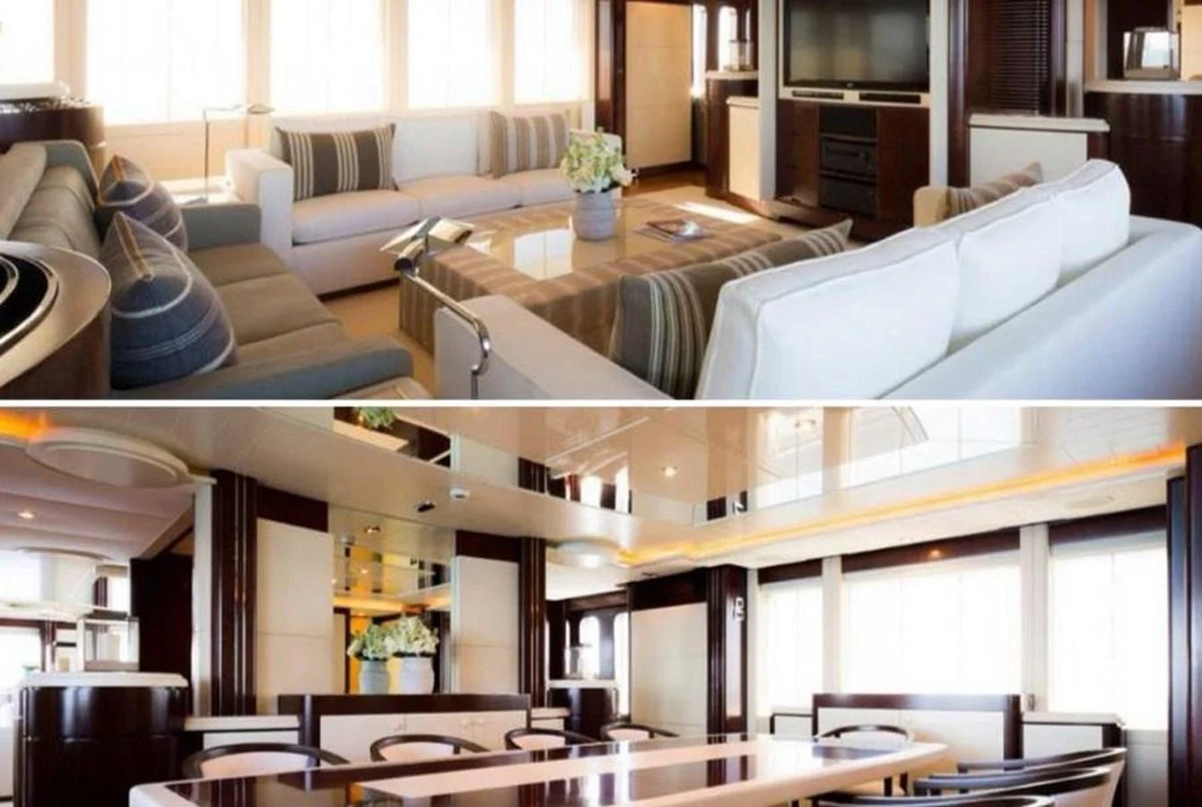 The yacht's interior features a spacious and elegantly designed living area with ample seating and a dining space with a modern table. aboard PRINCESS TOO Yacht for Sale