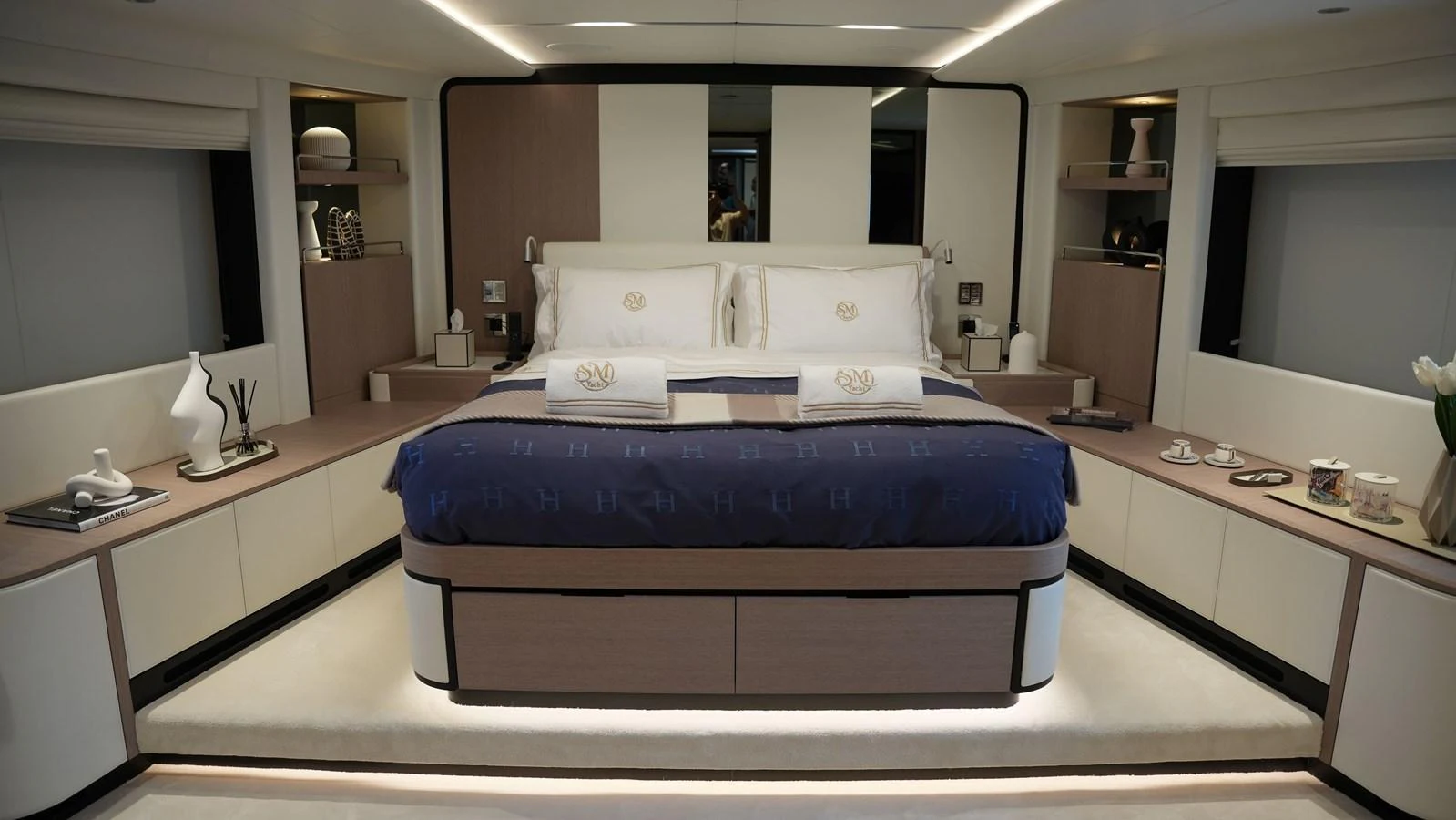The master stateroom features a luxurious bed with elegant decor and ample storage space. aboard GEULUNEL Yacht for Sale
