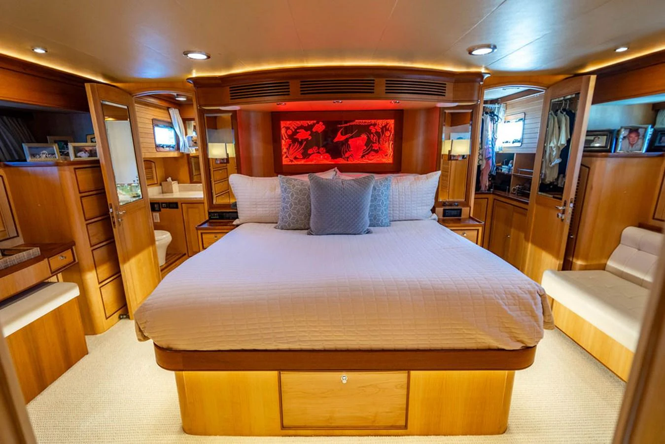 a bed in a room aboard NEVER BETTER Yacht for Sale