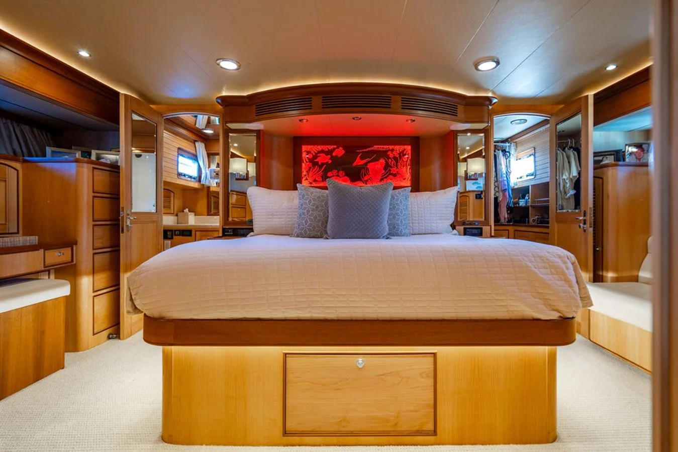 a bed in a room aboard NEVER BETTER Yacht for Sale
