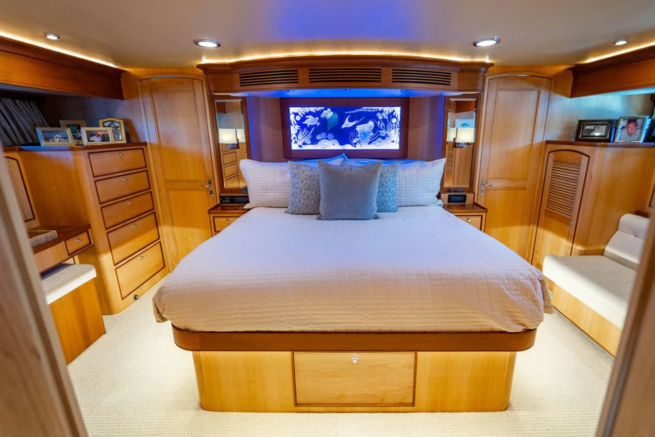 a bed in a room aboard NEVER BETTER Yacht for Sale