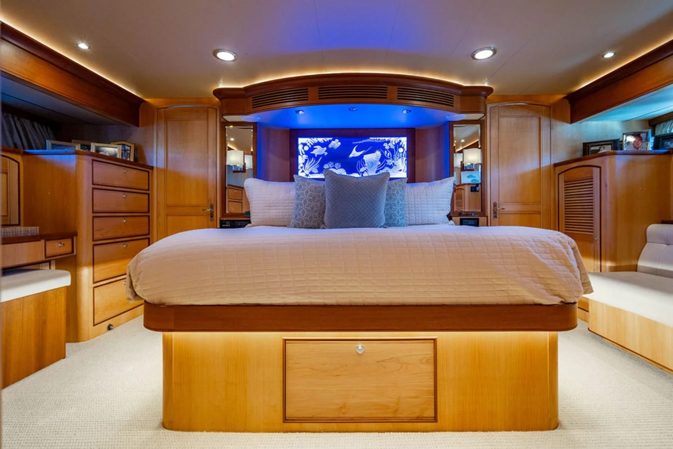 a bed in a room aboard NEVER BETTER Yacht for Sale