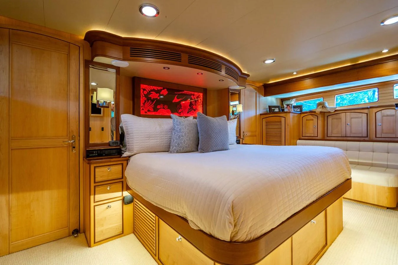 a bed in a room aboard NEVER BETTER Yacht for Sale