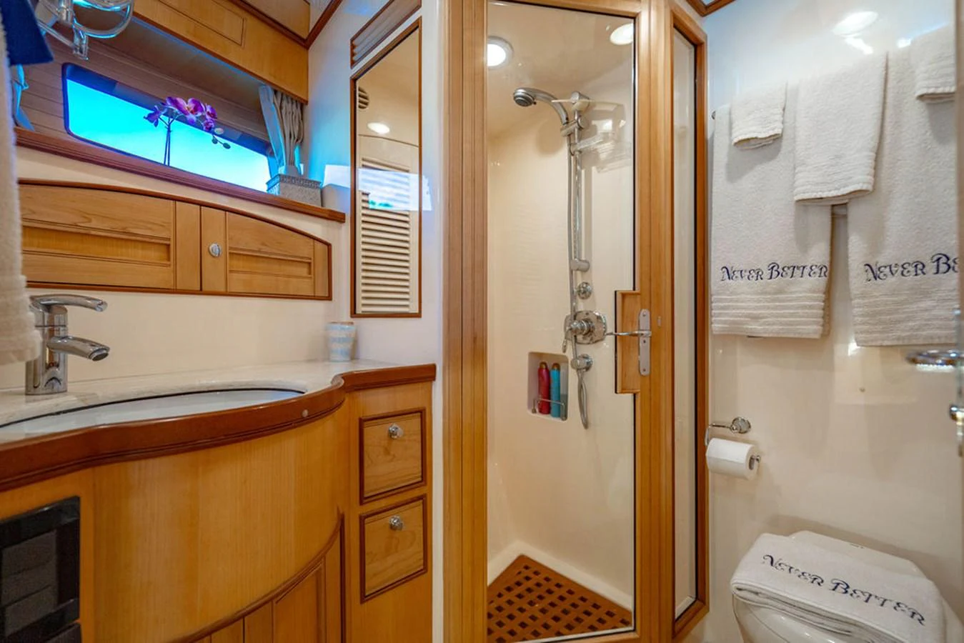 a bathroom with a sink and a toilet aboard NEVER BETTER Yacht for Sale