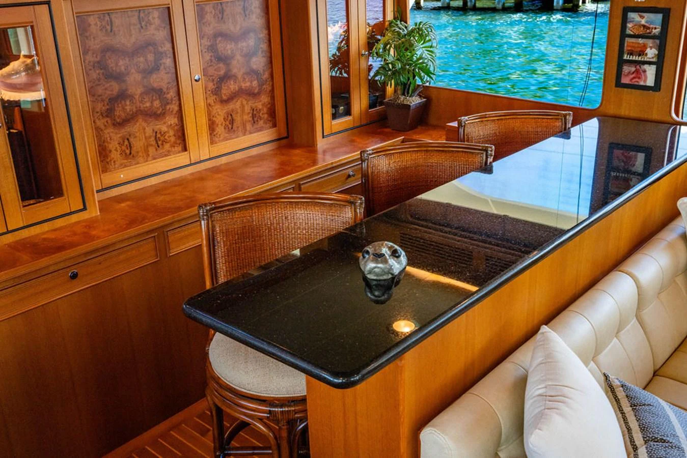 a table with glasses on it aboard NEVER BETTER Yacht for Sale
