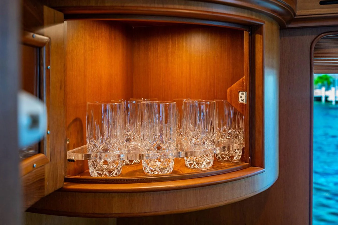 a group of glasses on a table aboard NEVER BETTER Yacht for Sale