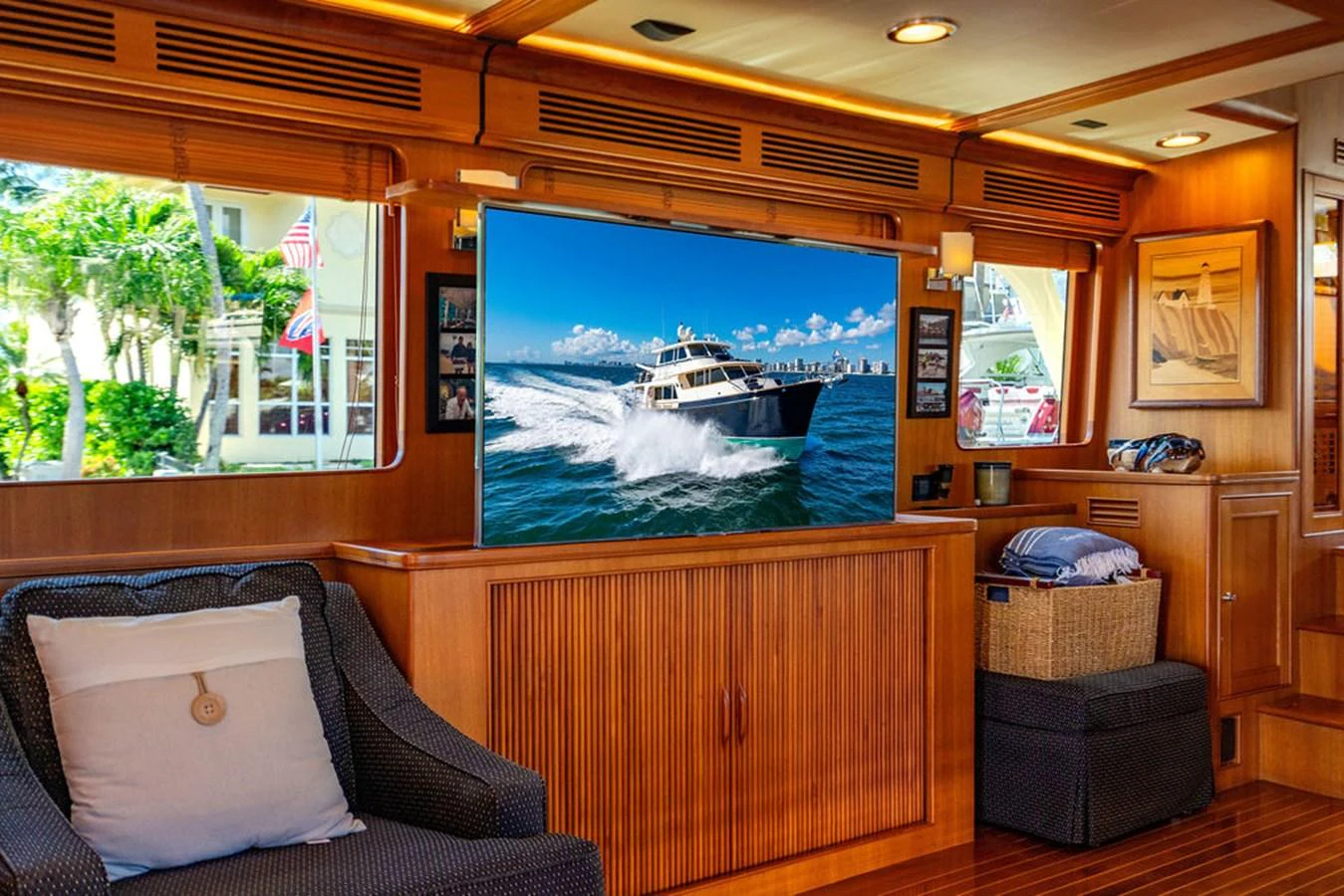 a room with a large screen aboard NEVER BETTER Yacht for Sale
