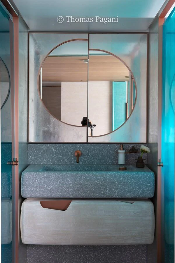 a bathroom with a large mirror aboard MOUCHKA Yacht for Sale