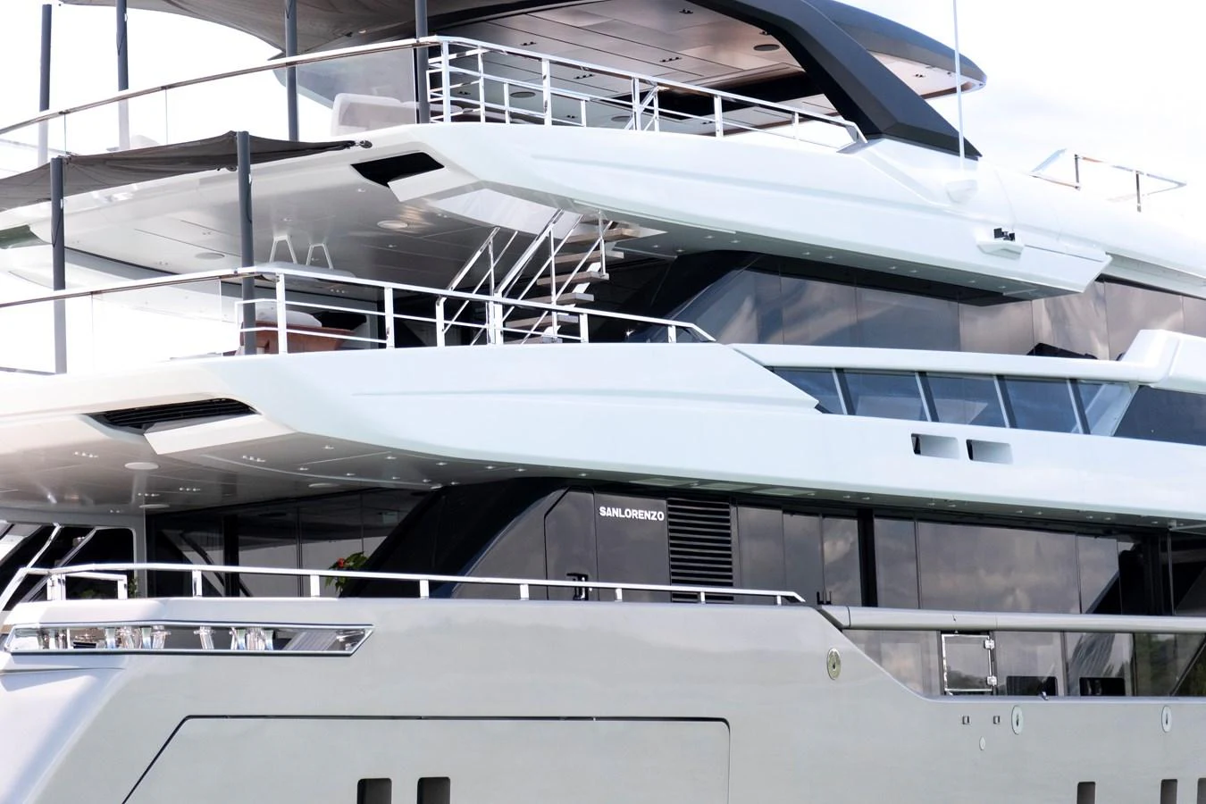 The yacht's sleek and modern exterior showcases multiple decks with elegant railings and large windows. aboard ANNABELLA Yacht for Sale