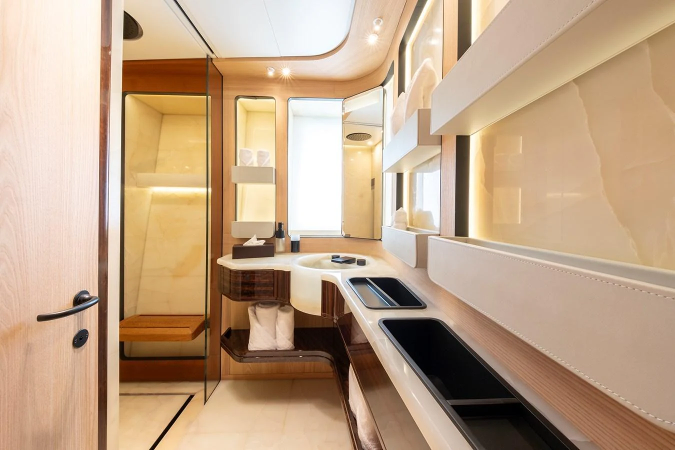 A luxurious yacht bathroom featuring modern fixtures and elegant design. aboard ANNABELLA Yacht for Sale