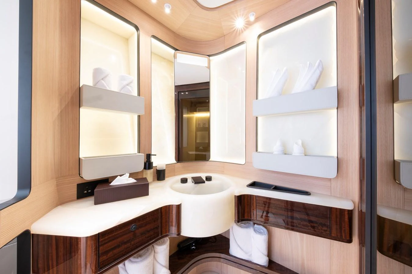 The yacht's bathroom features sleek, modern design with ample storage and luxurious fixtures. aboard ANNABELLA Yacht for Sale