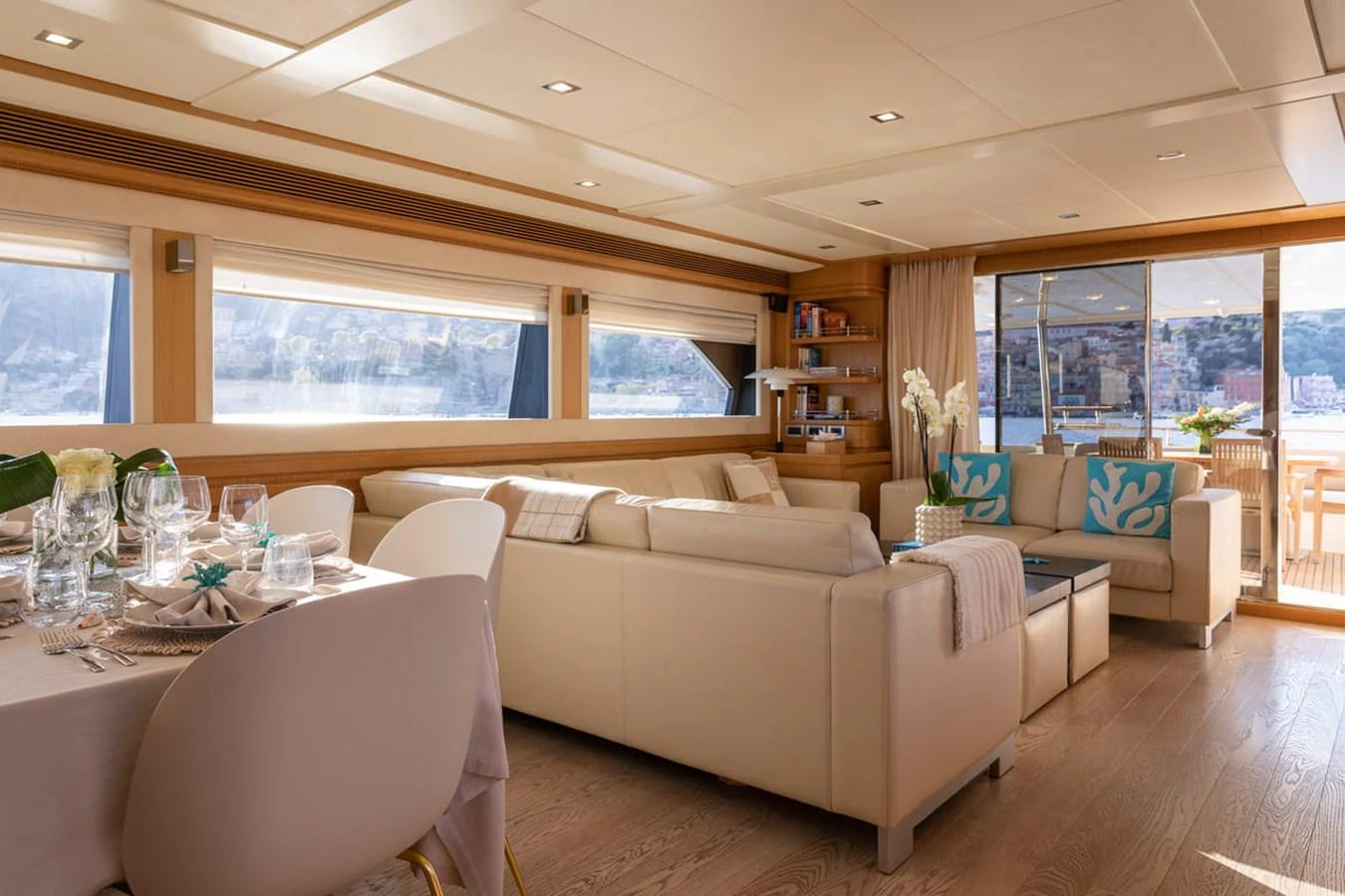a living room with a large window aboard LA PAUSA Yacht for Sale