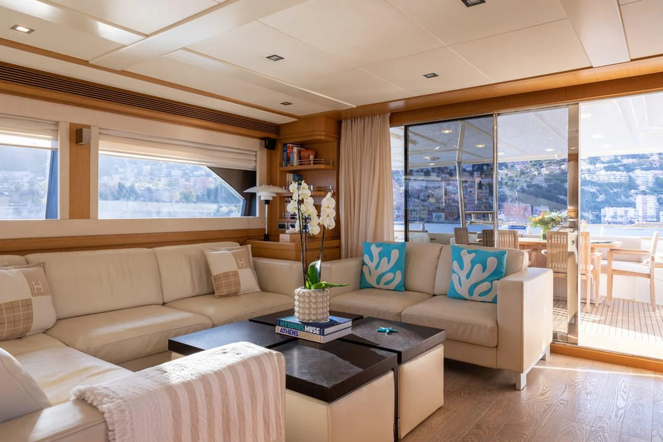 a living room with a large window aboard LA PAUSA Yacht for Sale