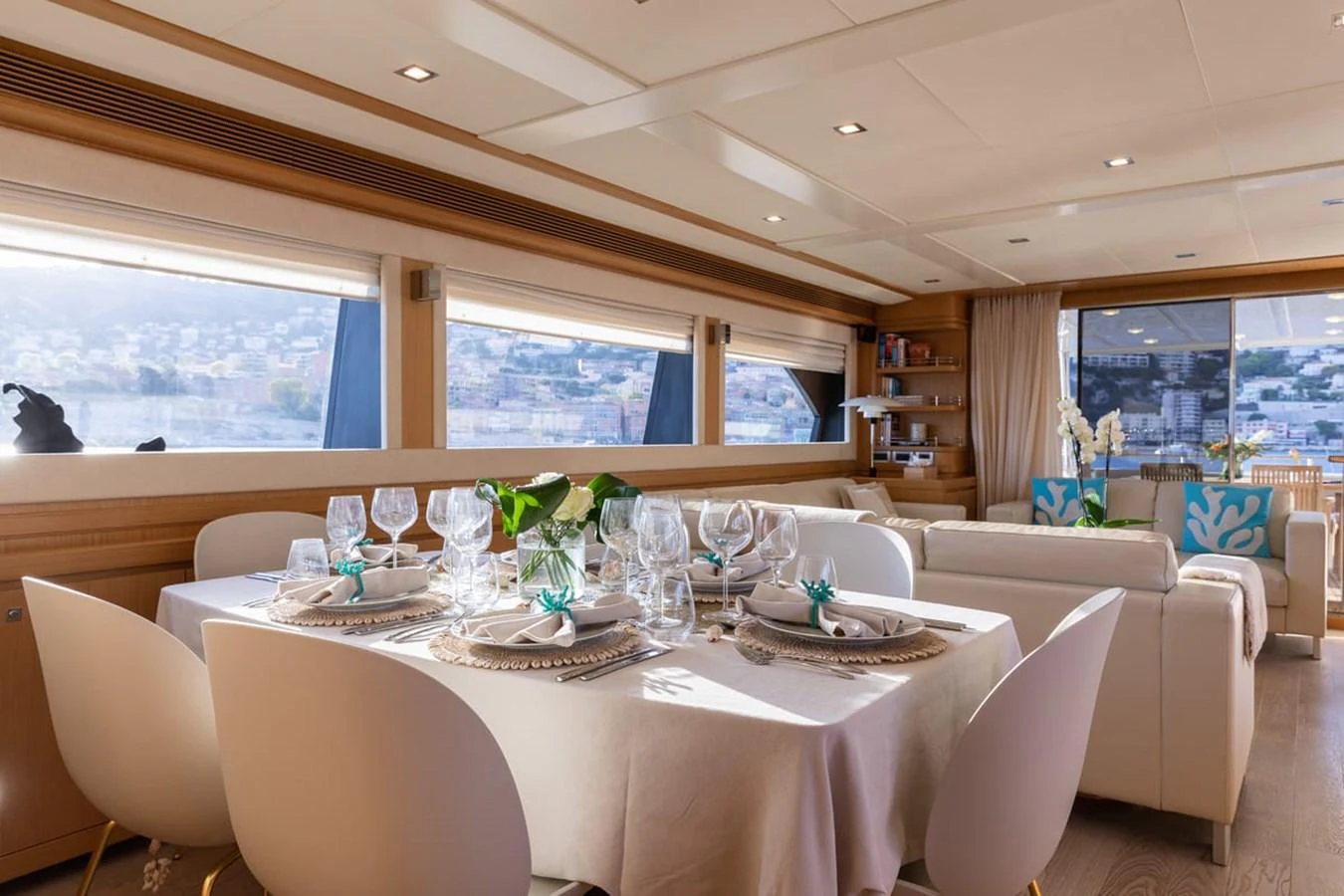 a table set for a dinner aboard LA PAUSA Yacht for Sale