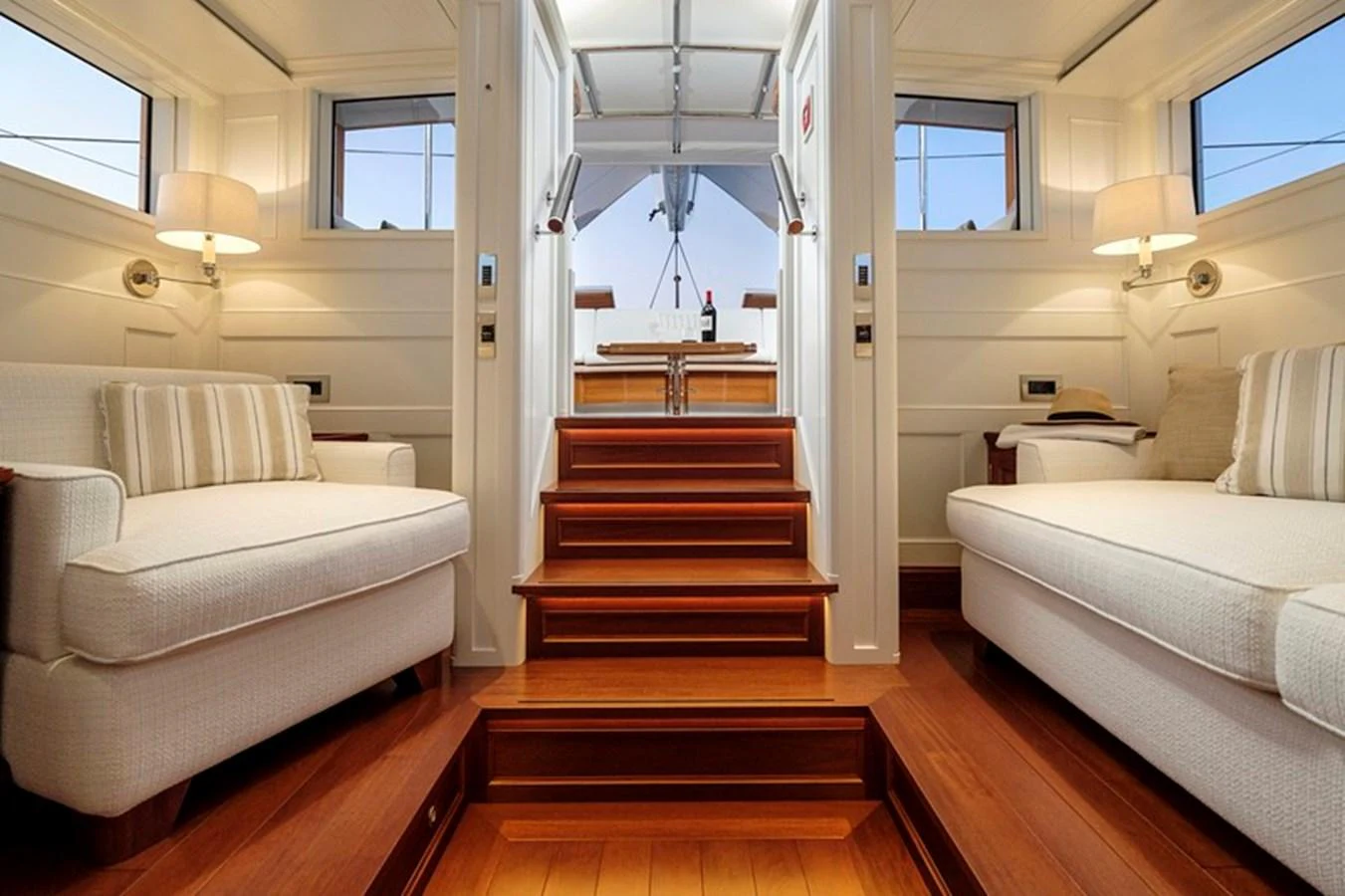 The yacht's interior features a cozy seating area with plush sofas and warm wooden flooring, leading up to an open deck. aboard APSARA Yacht for Sale