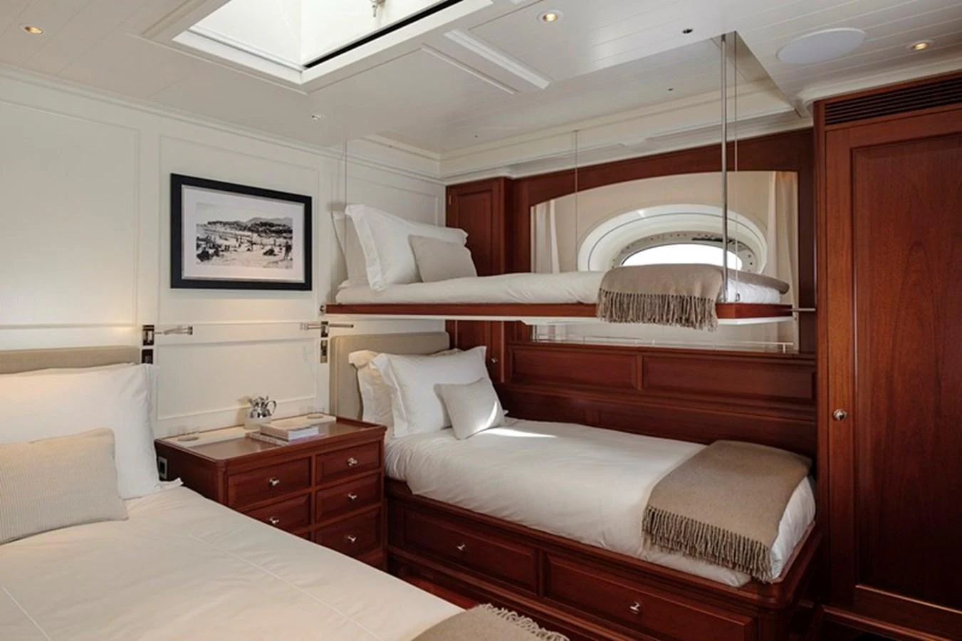 This cozy stateroom features elegant wooden furnishings and comfortable bedding. aboard APSARA Yacht for Sale