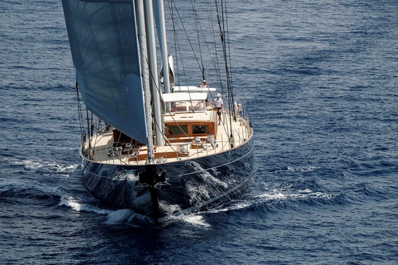 A stunning sailing yacht gracefully glides through the open sea, showcasing its elegant design and powerful sails. aboard APSARA Yacht for Sale