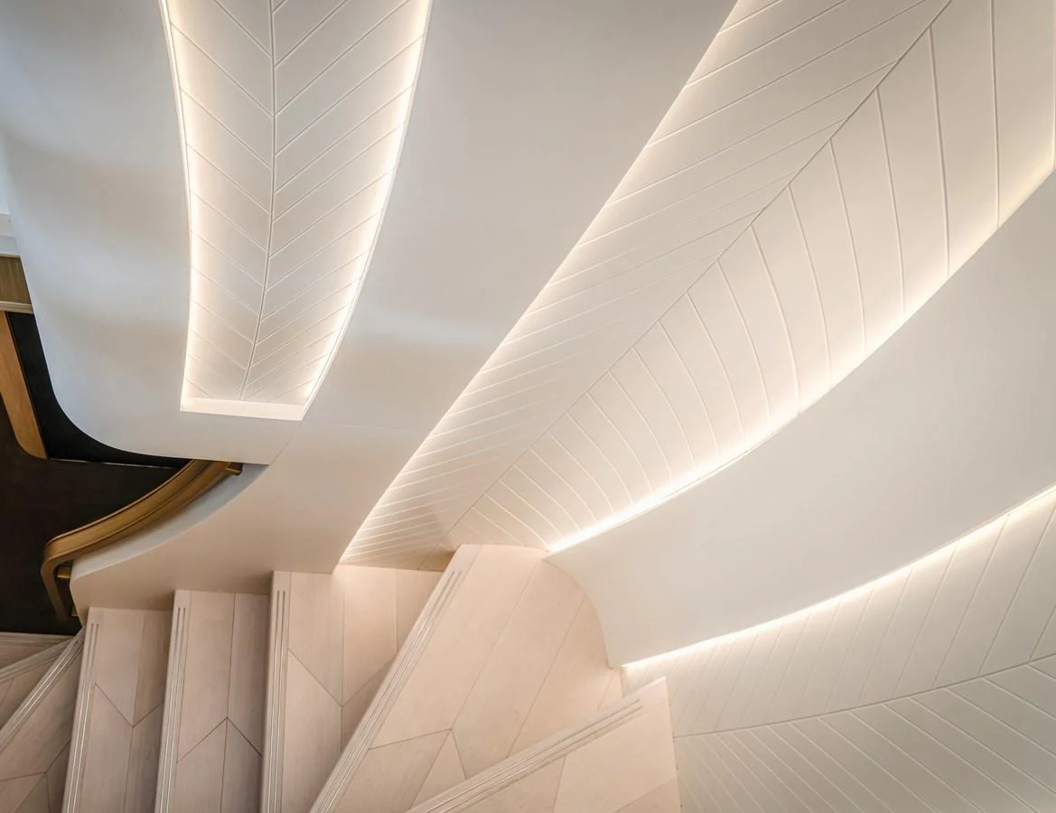 A beautifully designed staircase with elegant lighting and modern lines. aboard 100 TERRACE ON-ORDER Yacht for Sale
