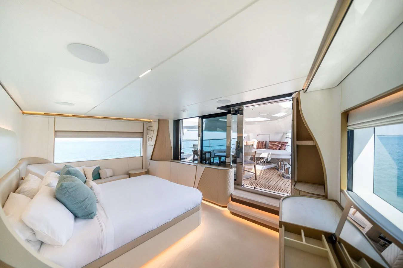The master stateroom offers a luxurious and spacious retreat with stunning ocean views. aboard 100 TERRACE ON-ORDER Yacht for Sale