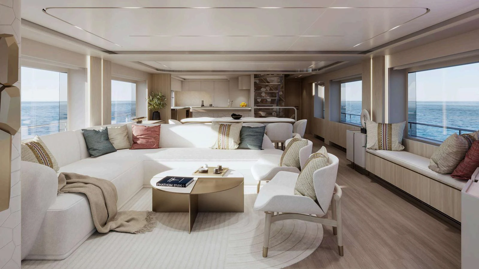 The spacious salon offers a luxurious and comfortable seating area with panoramic ocean views. aboard NOMAD 101 ON-ORDER Yacht for Sale