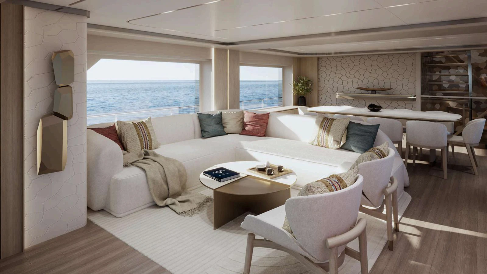 The yacht's salon features a spacious and elegantly designed seating area with panoramic ocean views. aboard NOMAD 101 ON-ORDER Yacht for Sale