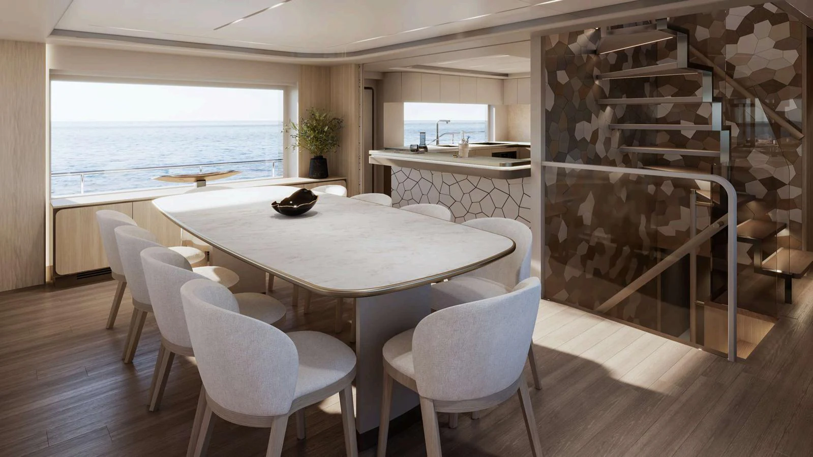 The yacht's dining area features a modern, elegant design with ample natural light and stunning sea views. aboard NOMAD 101 ON-ORDER Yacht for Sale