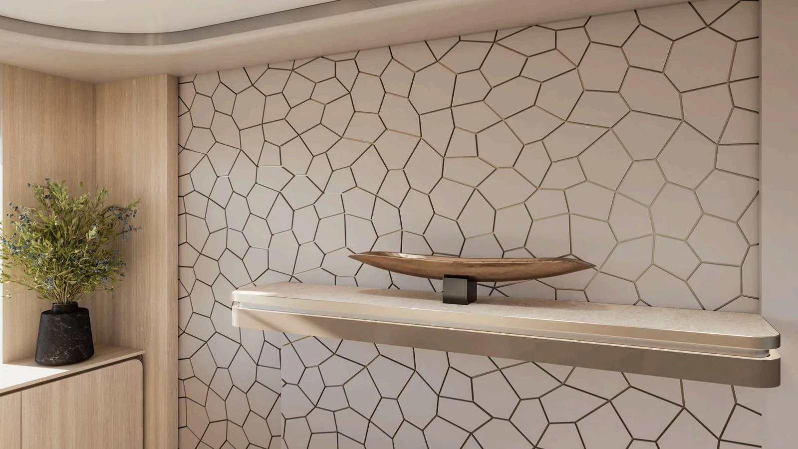 A stylish interior detail featuring a modern wall design and a sleek floating shelf with a decorative piece. aboard NOMAD 101 ON-ORDER Yacht for Sale
