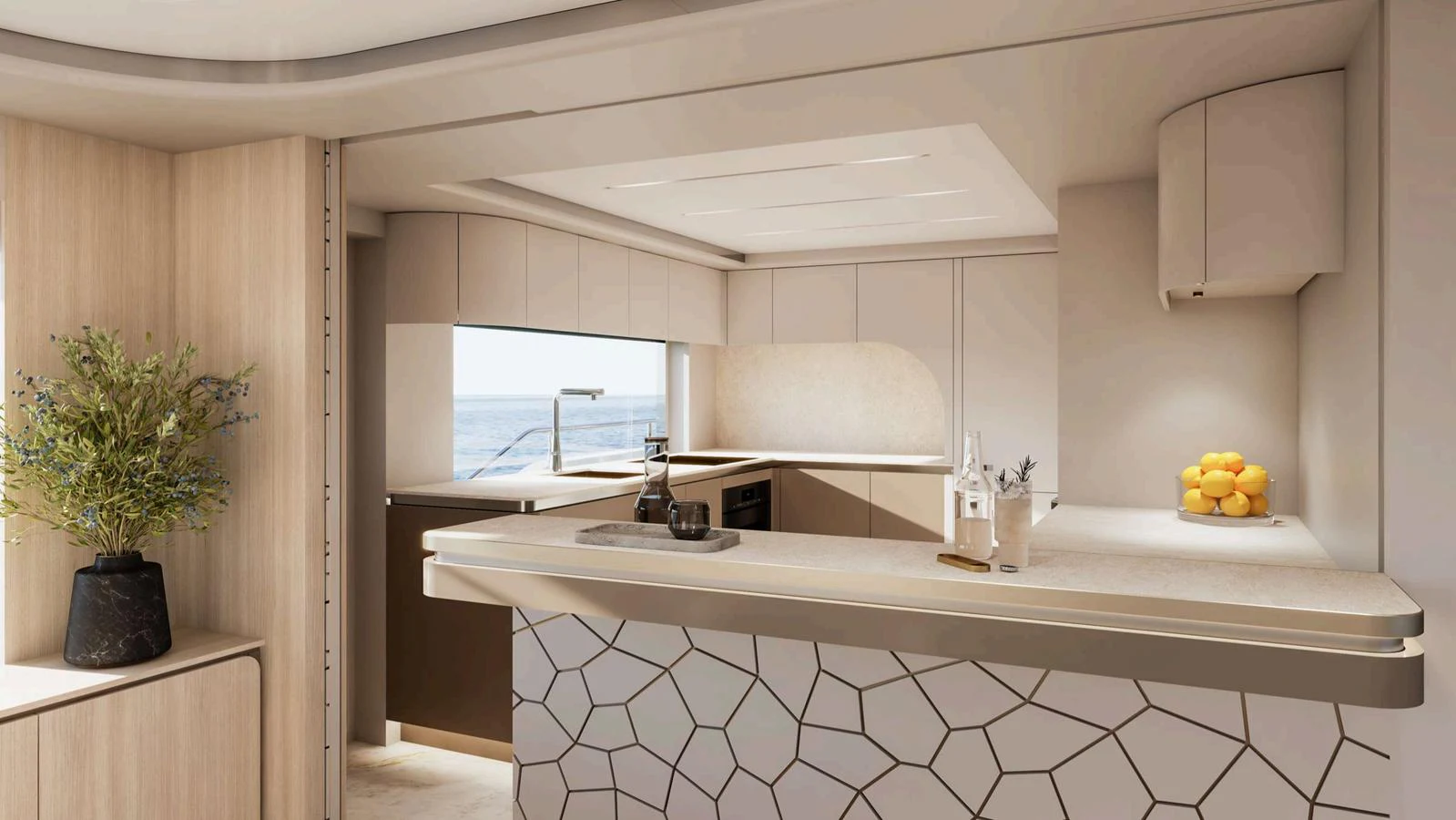 The yacht's galley features modern design elements and ample natural light. aboard NOMAD 101 ON-ORDER Yacht for Sale