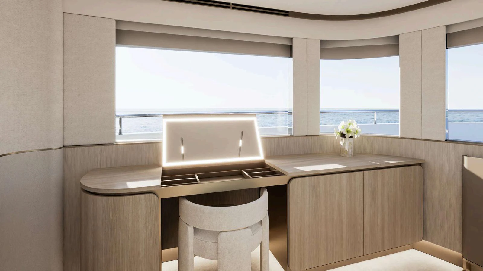A luxurious yacht interior featuring a modern desk area with large windows offering a stunning sea view. aboard NOMAD 101 ON-ORDER Yacht for Sale