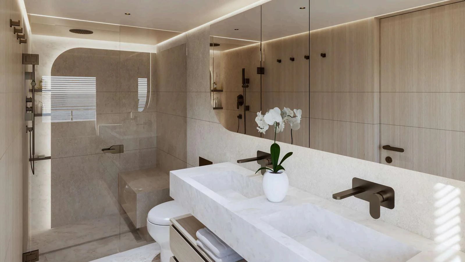 A luxurious yacht bathroom with modern fixtures and elegant design. aboard NOMAD 101 ON-ORDER Yacht for Sale