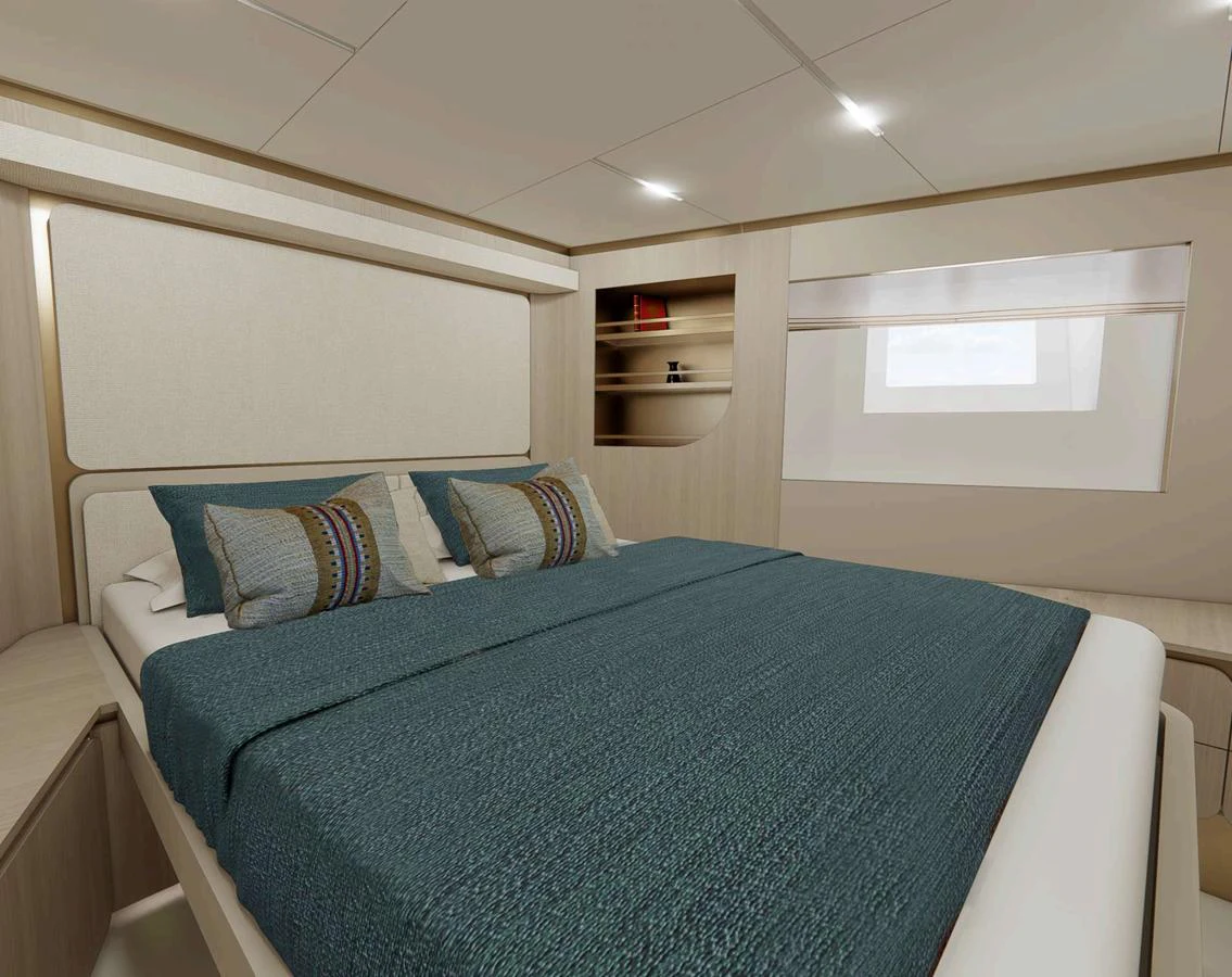 The stateroom features a spacious bed with elegant bedding and ample storage space. aboard NOMAD 101 ON-ORDER Yacht for Sale