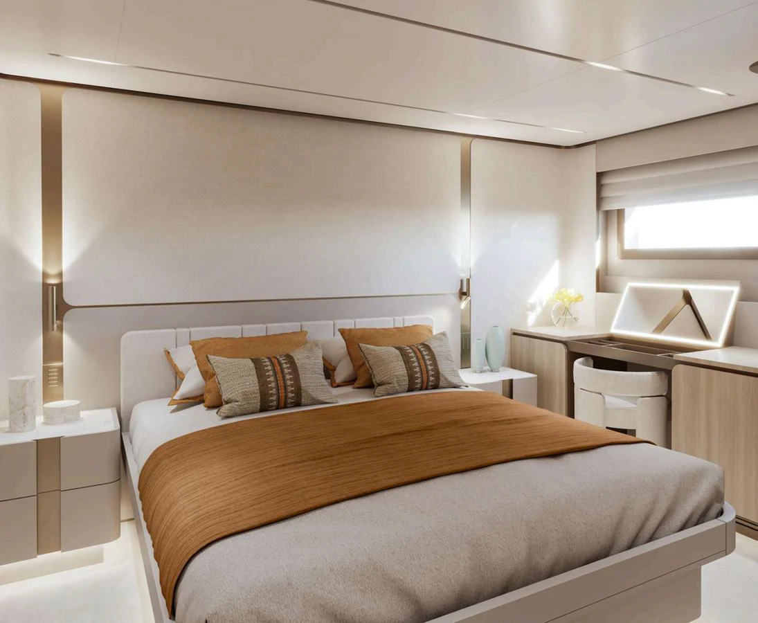 The master stateroom features a luxurious bed with elegant bedding and a cozy, inviting atmosphere. aboard NOMAD 101 ON-ORDER Yacht for Sale