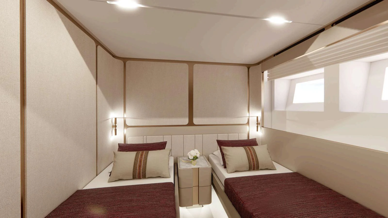 A cozy twin stateroom featuring two single beds with elegant bedding and soft lighting. aboard NOMAD 101 ON-ORDER Yacht for Sale