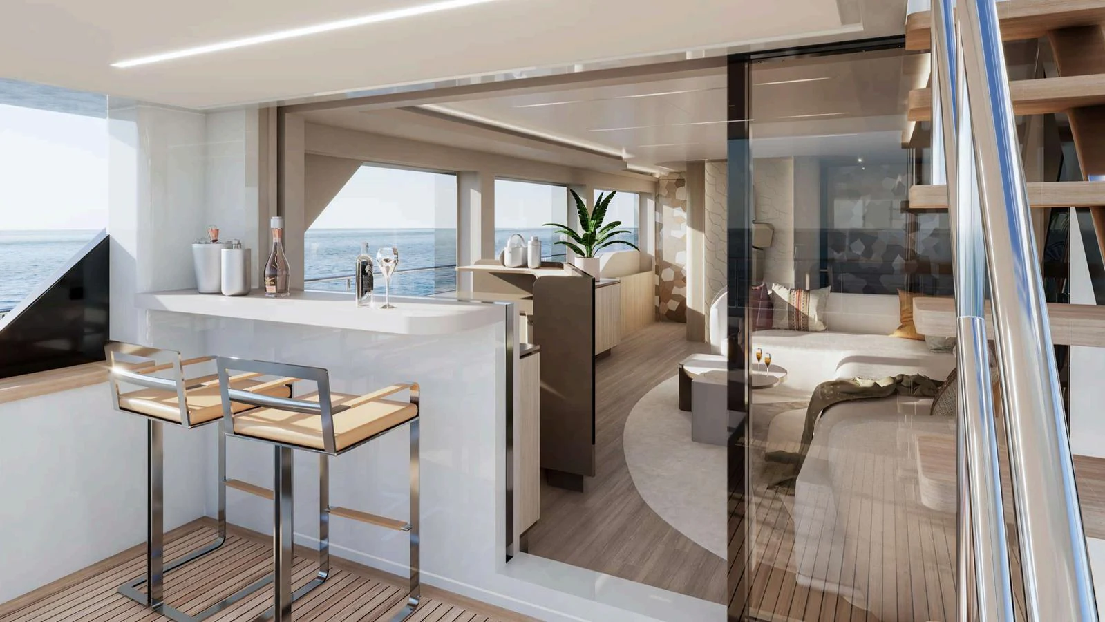 The yacht's salon features a modern and open design with ample natural light and elegant furnishings. aboard NOMAD 101 ON-ORDER Yacht for Sale