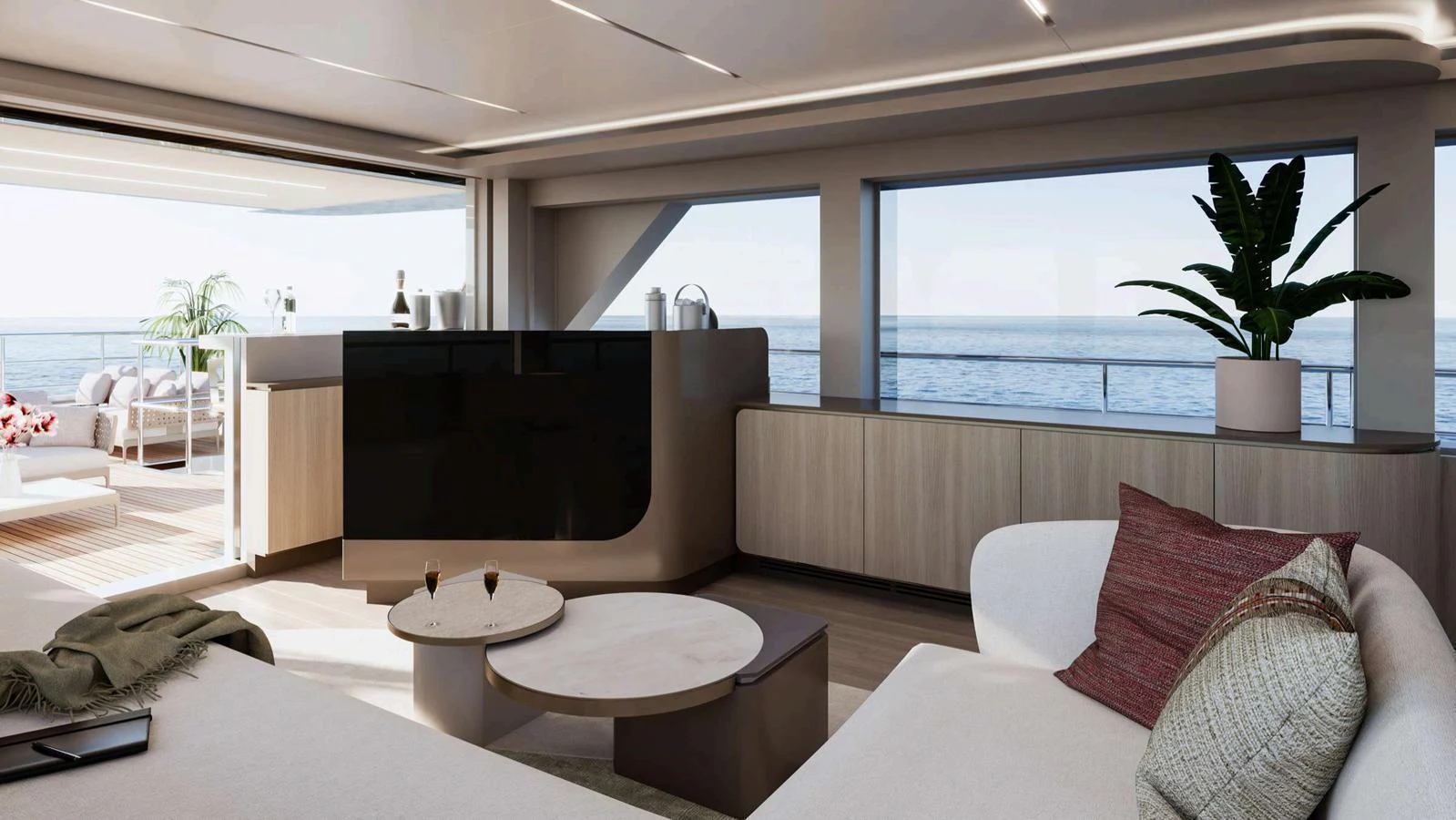 The salon offers a spacious and elegant area with large windows providing stunning sea views. aboard NOMAD 101 ON-ORDER Yacht for Sale