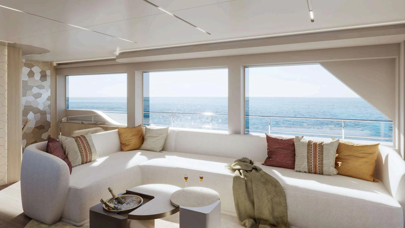 The salon features a spacious and elegant seating area with panoramic ocean views. aboard NOMAD 101 ON-ORDER Yacht for Sale