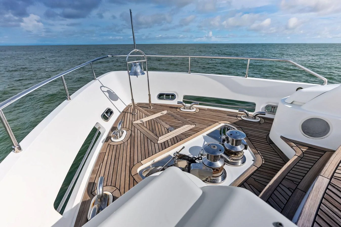 The foredeck offers a spacious and well-equipped area for anchoring and enjoying ocean views. aboard SHA SHA SHA IV Yacht for Sale