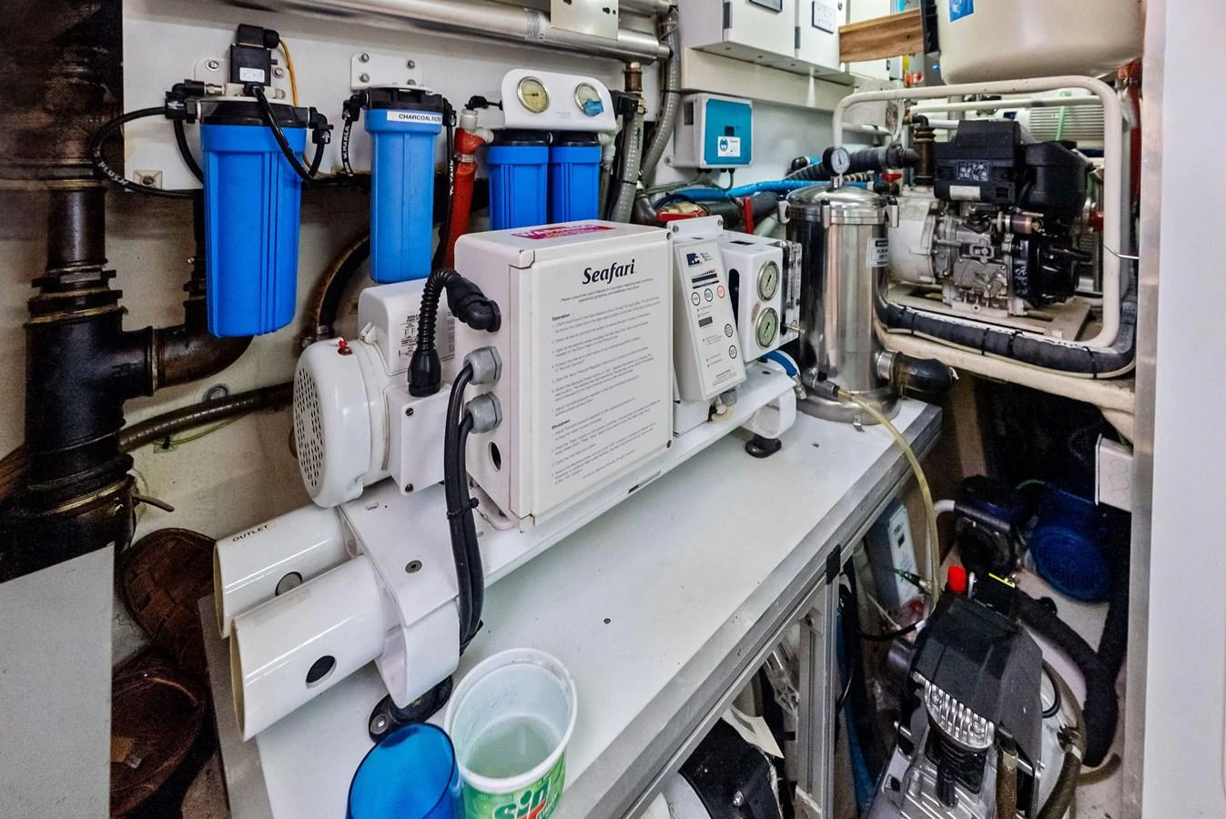 The engine room is equipped with advanced machinery and filtration systems. aboard SHA SHA SHA IV Yacht for Sale